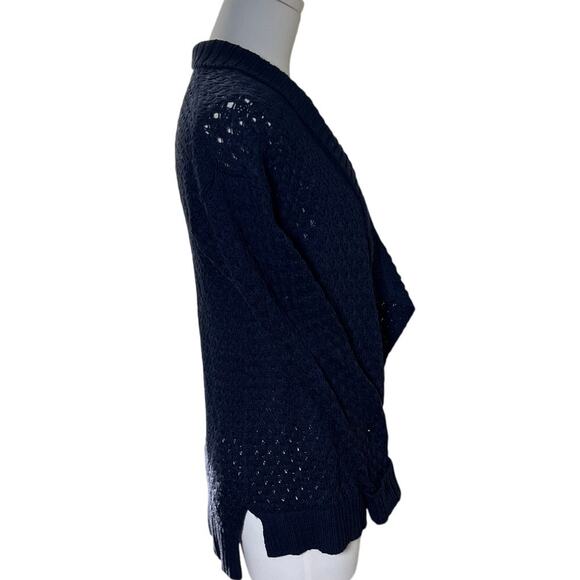 LOFT Navy Cotton Cardigan Small Open Knit Shawl Collar Lightweight Fall Sweater - Picture 2 of 12